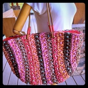 Boho Woven Raffia Straw Leather Purse Tote